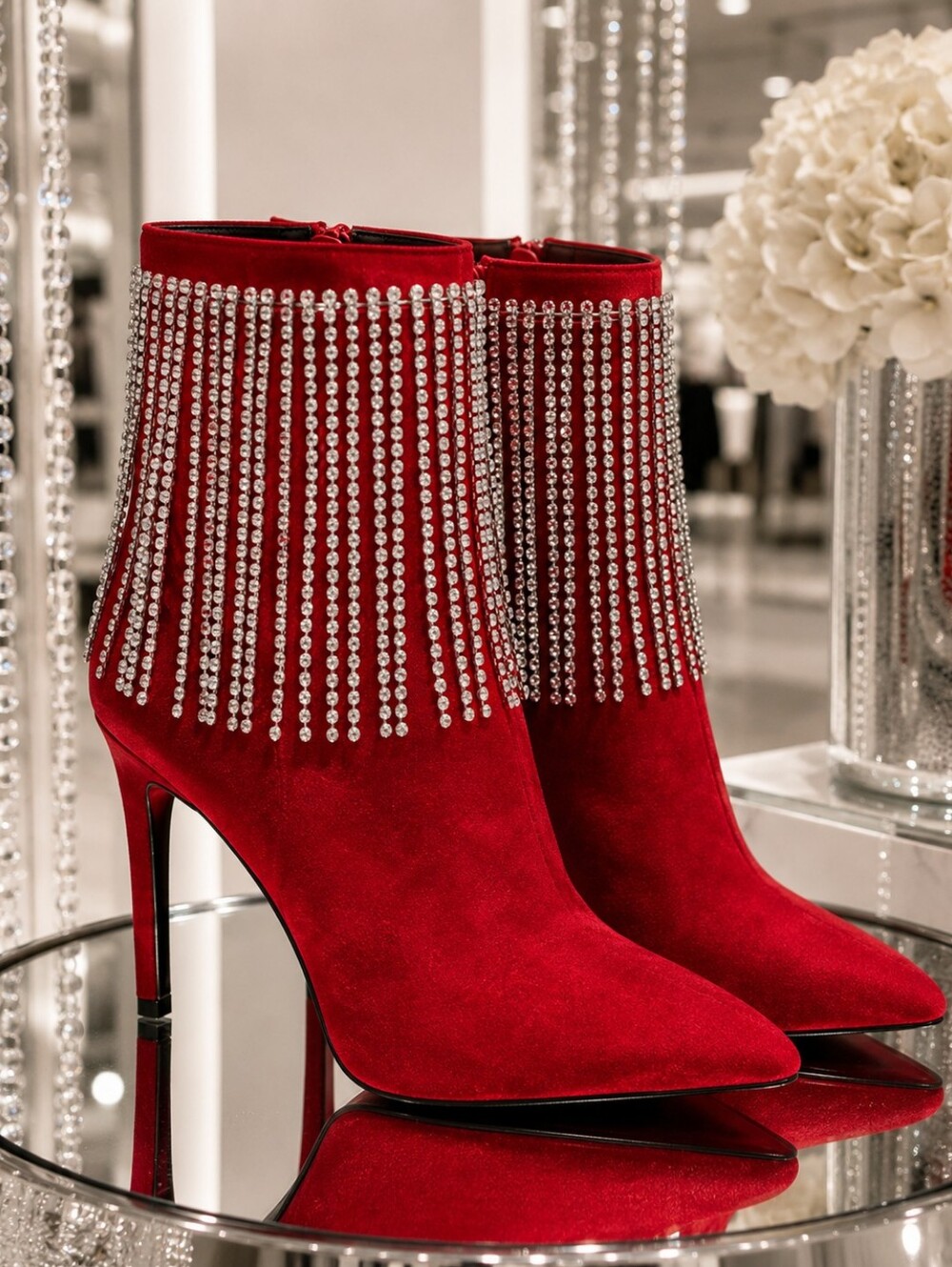 Red Rhinestone Embellished Ankle Boots